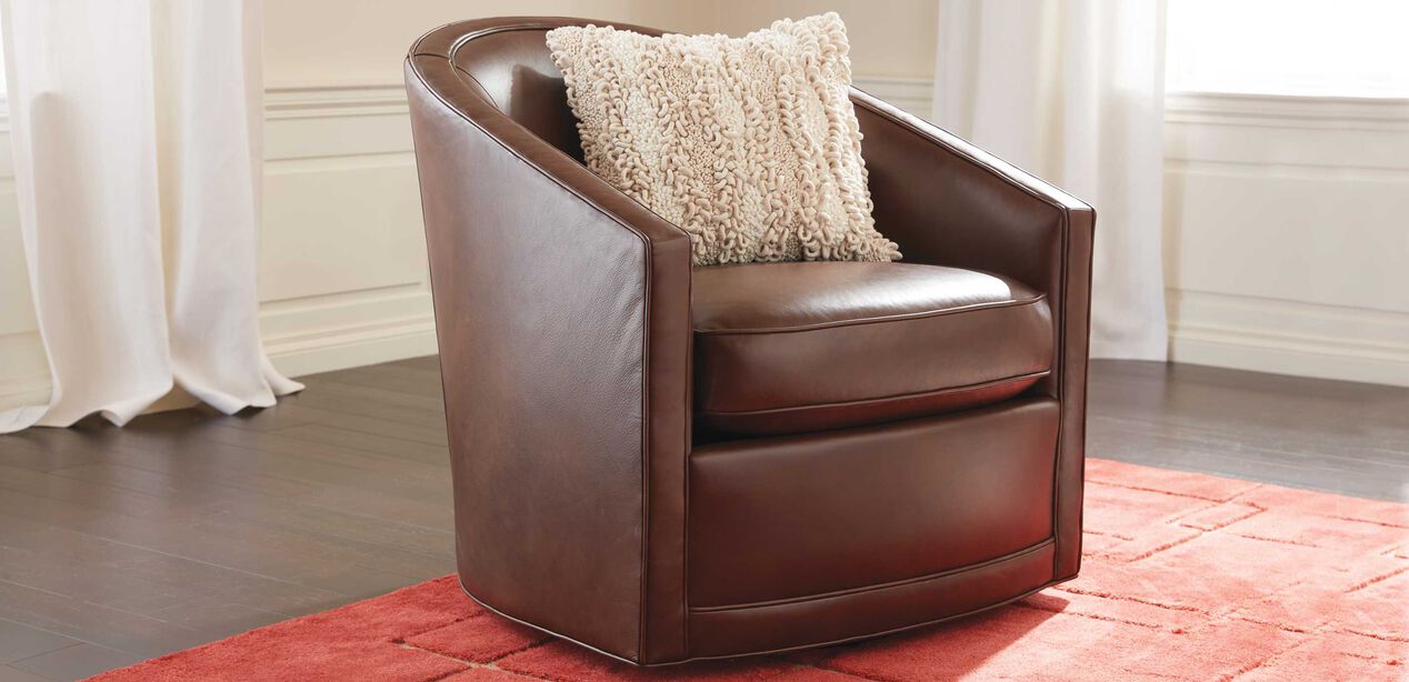 Baylee Leather-Upholstered Barrel-Back Swivel Chair | Ethan Allen